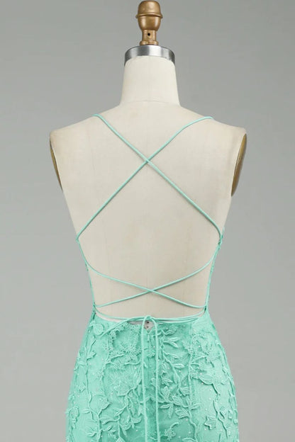 Turquoise Straps Appliques Tulle Mermaid Prom Dress
