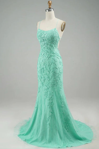 Turquoise Straps Appliques Tulle Mermaid Prom Dress