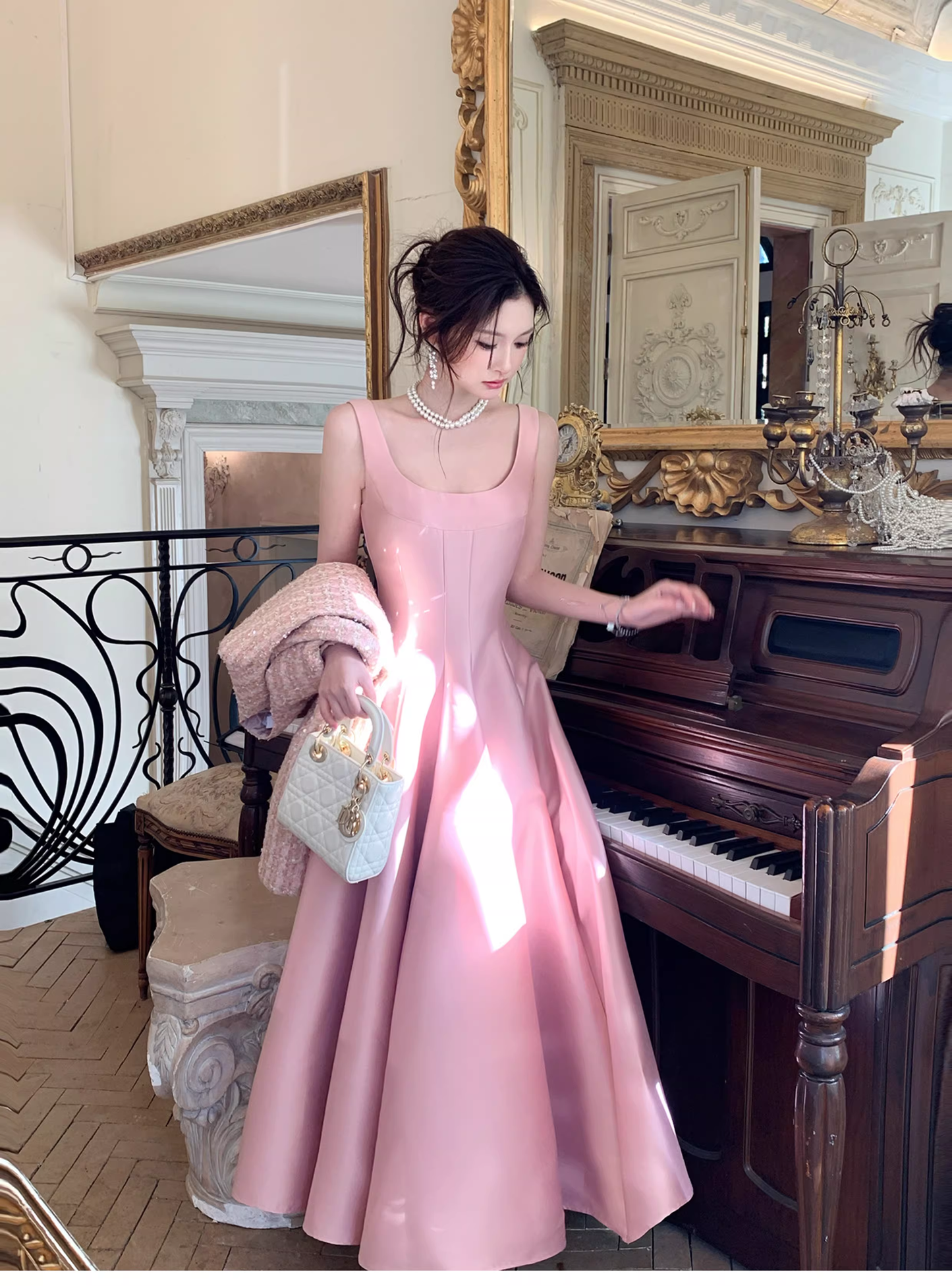 Elegant Pink Sleeveless Satin A Line Long Birthday Evening Dress Formal Wedding Guest Dress SP1652