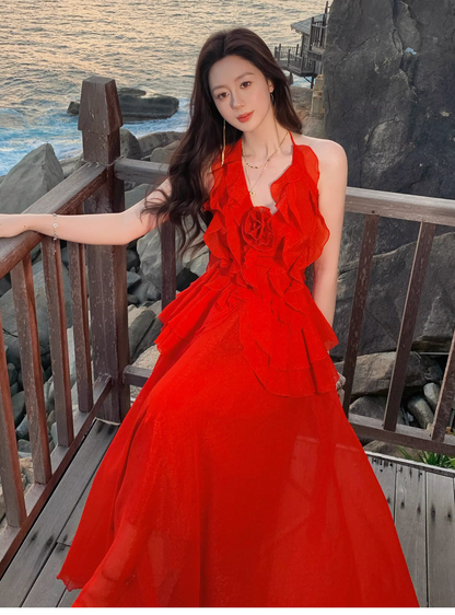 Sexy Red Halter Chiffon Ruffles Long Party Dress Prom Dress SP1973