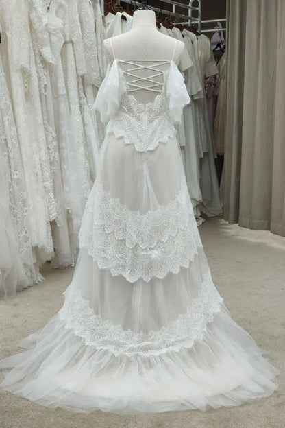 V-Neck Off-Shoulder Tulle A-Line Lace Up Boho Wedding Dress