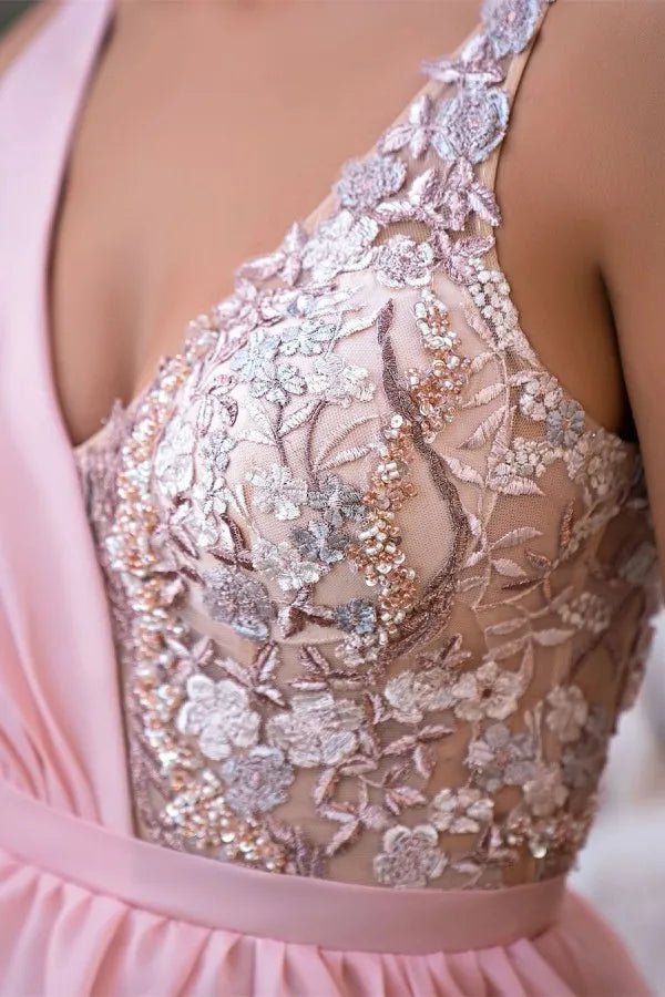 V-Neck Sleeveless Chiffon A-Line Appliques Prom Dress