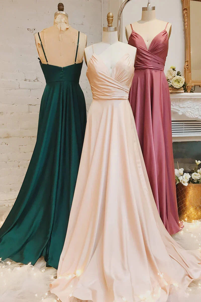 V-Neck Sleeveless Satin A-Line Ruched Empire Bridesmaid Dress