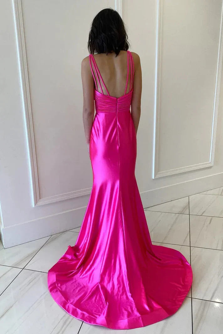 V-Neck Sleeveless Satin Fitted Trumpet With Train Prom Dress
