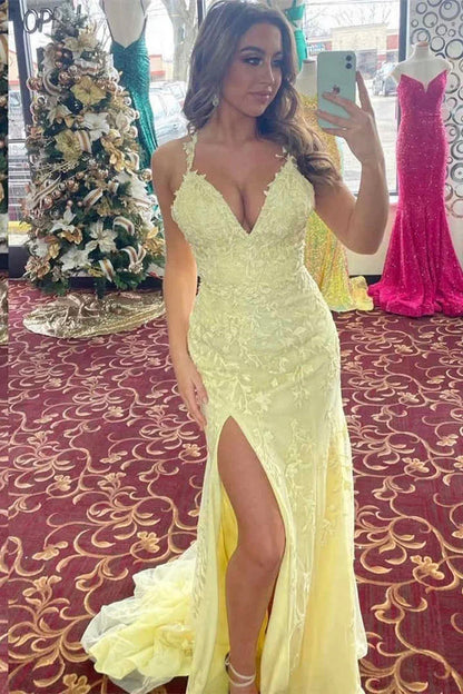 V-Neck Spaghetti Straps With Side Slit Lace Appliques Prom Dress