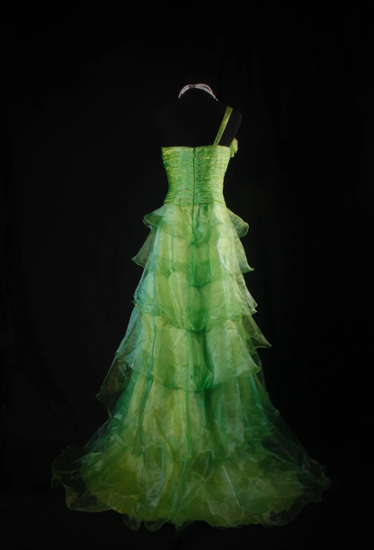 Unique Green One Shoulder Organza Layered Ruffles Long Evening Dress Birthday Dress SP1695