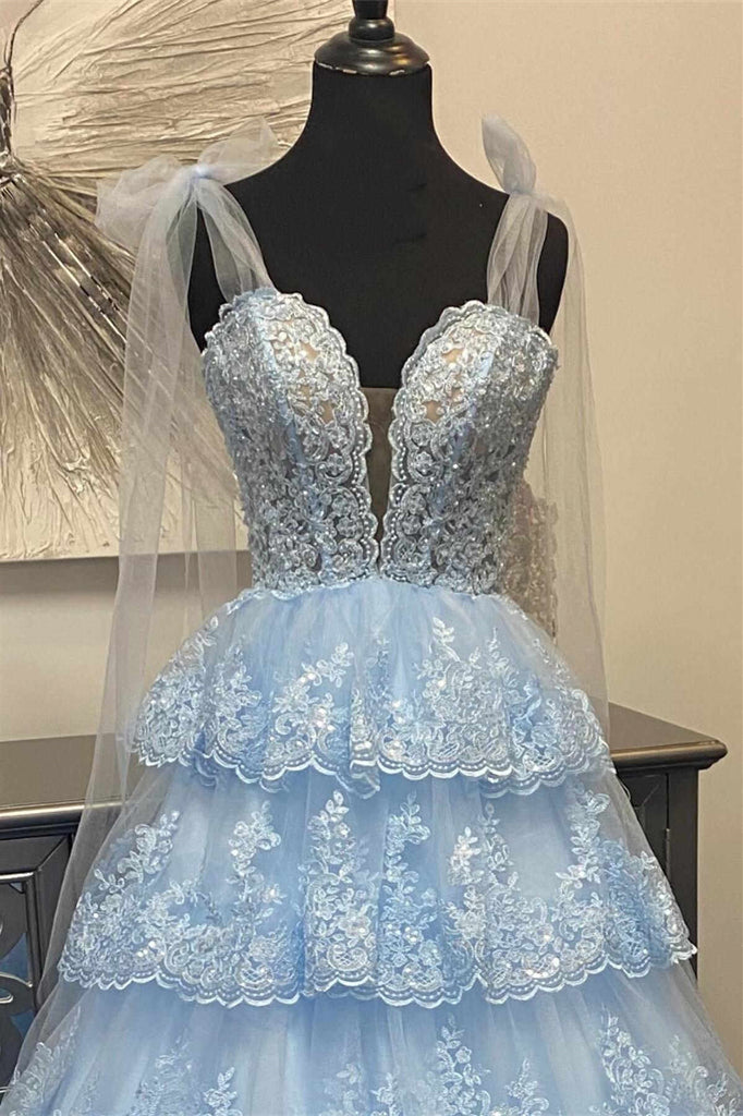 Light Blue Floral Appliques Bow Tie Straps A-line Long Prom Dress