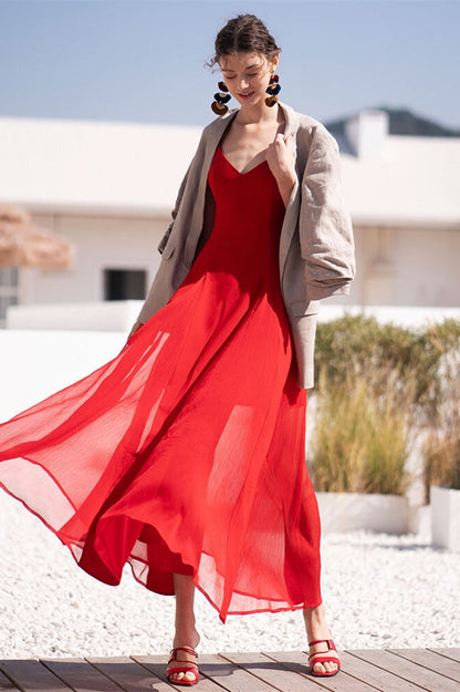 V Neck Red Chiffon Maxi Dress