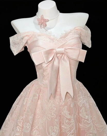 Sweet Pink Lace Long Party Dress Formal 20th Birthday Outfits With Bow SP1917