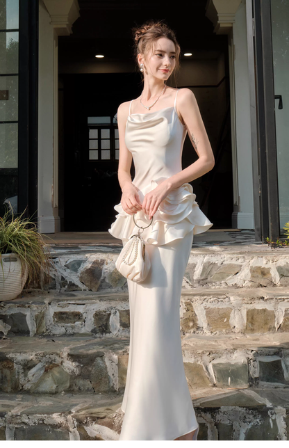 Elegant Ivory Satin Ruffles Long Party Gown Spaghetti Straps Mermaid Birthday Outfits SP1993