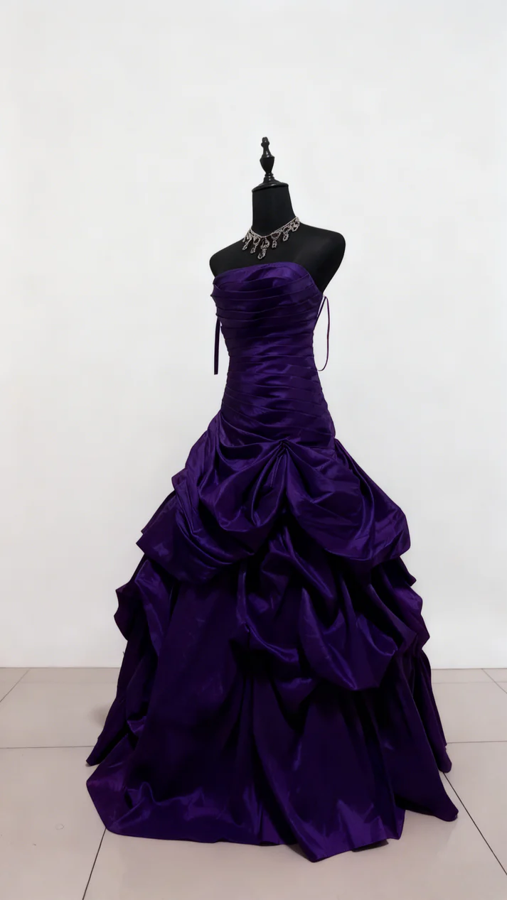 Retro Strapless Ball Gown Red Satin Pleated Long Party Dress Prom Gowns SP1724