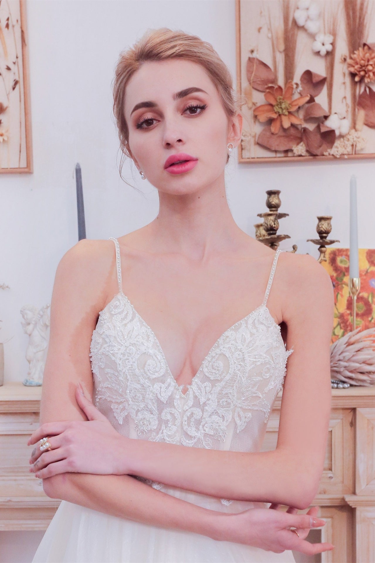 Plunge White A-line Long Wedding Dress with Pockets