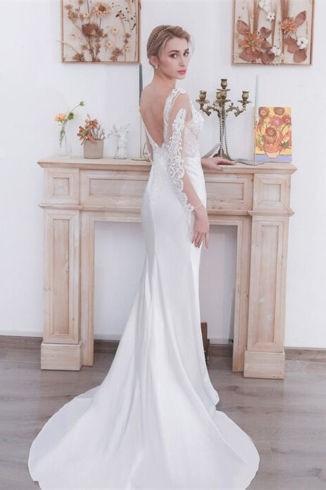 Long Sleeves Mermaid White Satin Wedding Dress