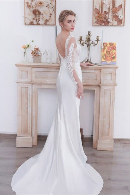 Long Sleeves Mermaid White Satin Wedding Dress