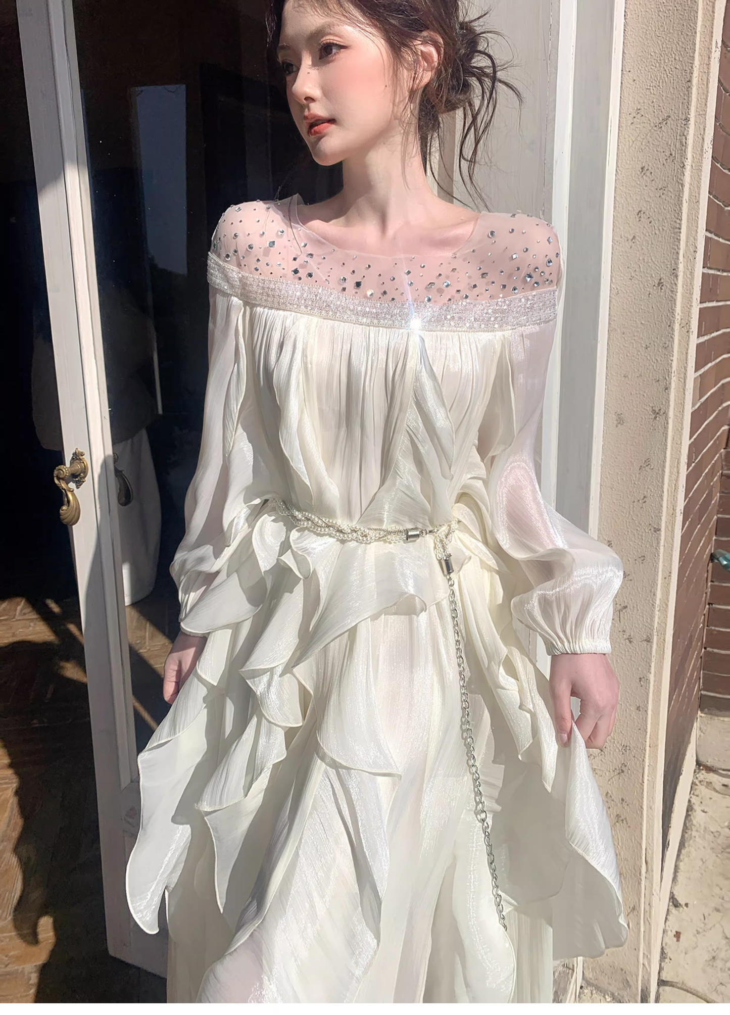 Shiny White Tulle Beaded Ruffles Long Evening Dress Birthday Outfits SP1650