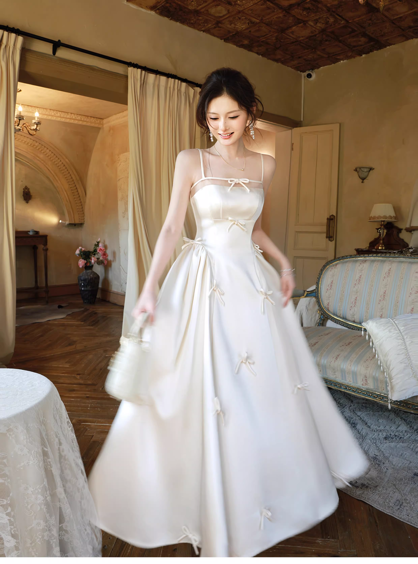 Elegant White Spaghetti Straps Satin A Line Long Evening Dress Birthday Prom Dress With Bow SP1539