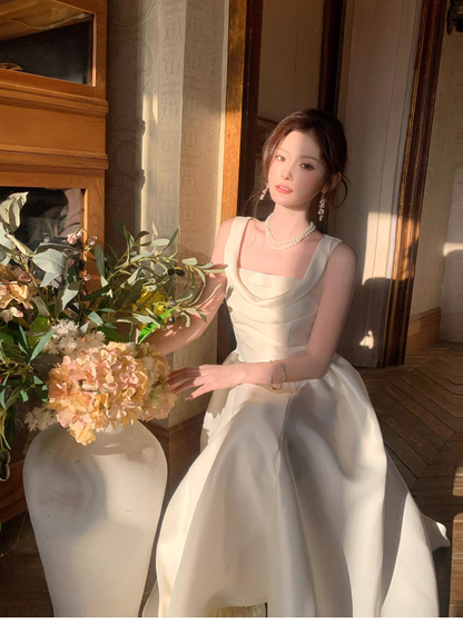 Elegant White Sleeveless Satin A Line Long Wedding Guest Dress Formal Birthday Evening Dress SP1641