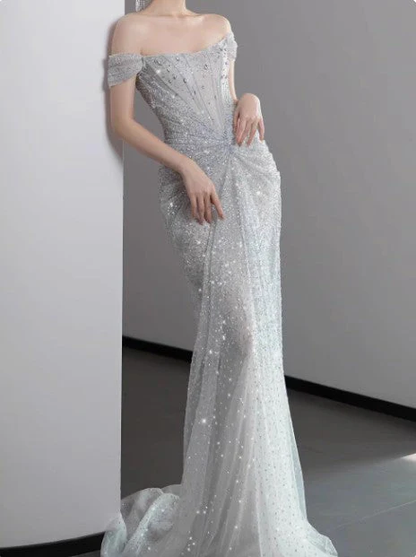 Glitter Gray Off The Shoulder Tulle Sequin Beaded Mermaid Long Evening Dress Party Gown SP1555