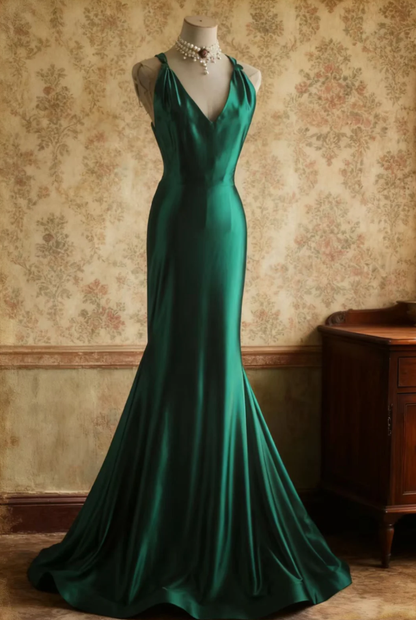 Stylish Green V Neck Satin Backless Long Mermaid Party Dress Formal Wedding Guest Dress SP1204