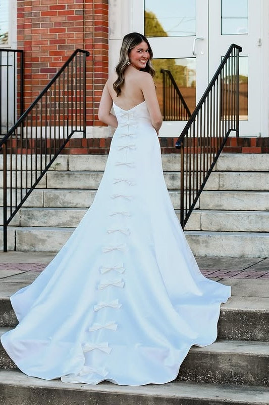 White Strapless A-Line Empire Party Prom Dress With Bows