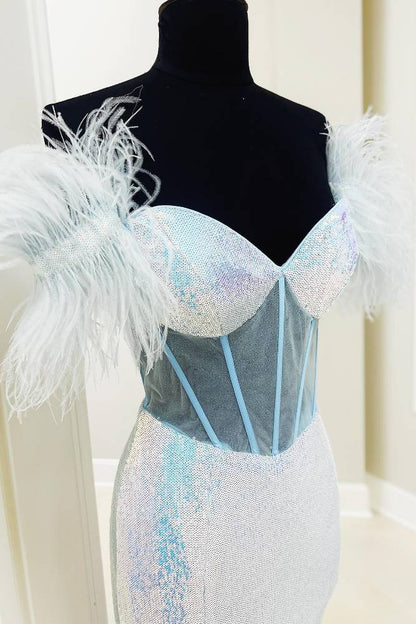 White Off the Shoulder Sequin Mermaid Prom Dress with Feather