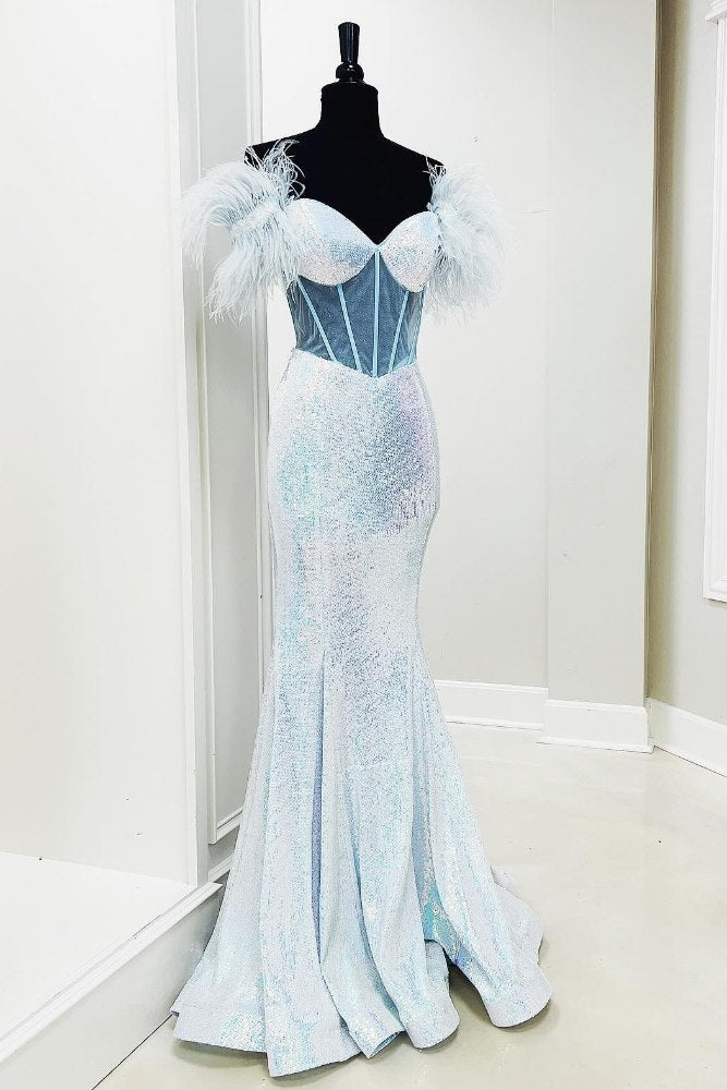 White Off the Shoulder Sequin Mermaid Prom Dress with Feather
