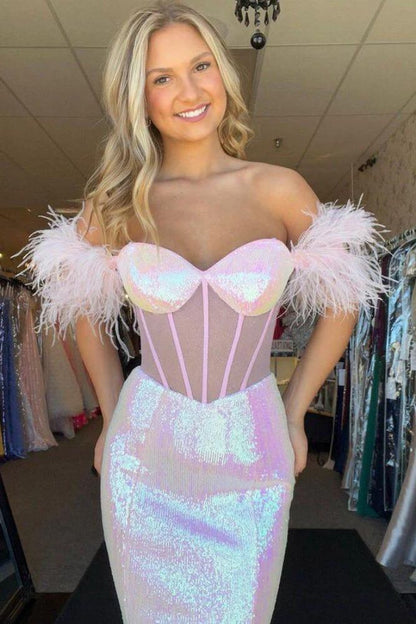 White Off the Shoulder Sequin Mermaid Prom Dress with Feather