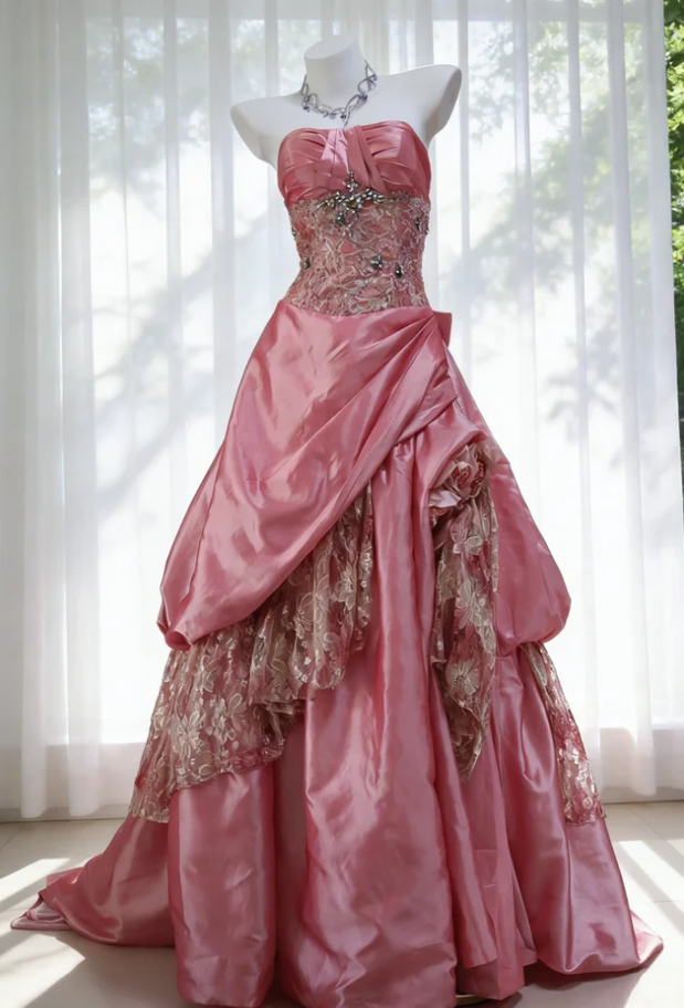 Stunning Pink Strapless Satin Lace Beaded Long Birthday Party Dress Prom Dresses SP1524