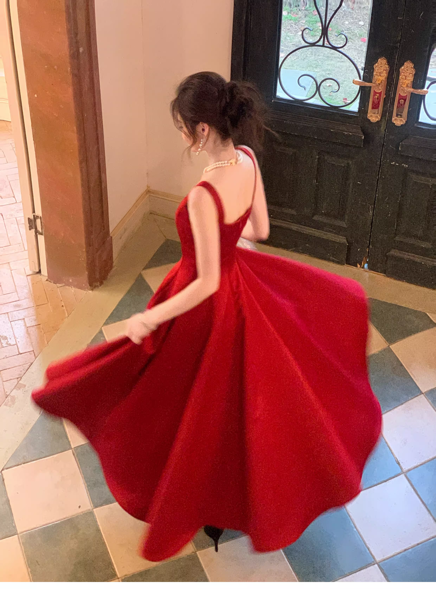 Fashion Spaghetti Strap Red Satin A Line Long Evening Dress Formal Birthday Prom Dresses SP1653