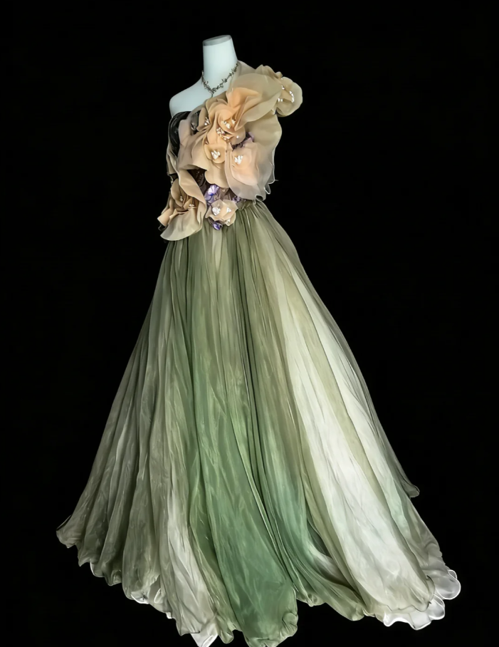 Vintage Olive Green One Tulle Appliques Long Birthday Prom Dress party Gown SP1596