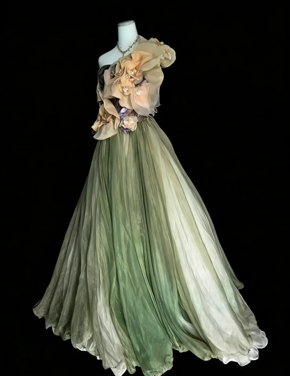 Vintage Olive Green One Tulle Appliques Long Birthday Prom Dress party Gown SP1596
