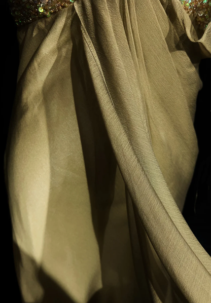 Elegant Turmeric One Shoulder Chiffon Beaded Mermaid Long Evening Dress Formal Wedding Guest Dress SP1964