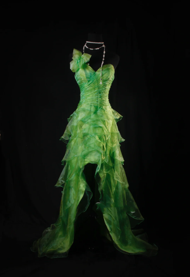 Unique Green One Shoulder Organza Layered Ruffles Long Evening Dress Birthday Dress SP1695