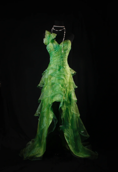 Unique Green One Shoulder Organza Layered Ruffles Long Evening Dress Birthday Dress SP1695