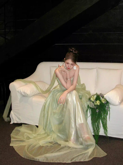 Pretty Green Strapless Tulle Long Evening Dress Birthday Prom Dress With Ribbon SP2026