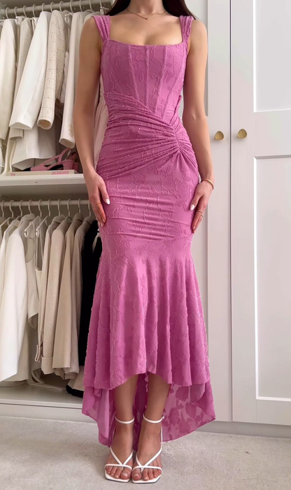Classy Off The Shoulder Barbie Pink Pleated Mermaid Long Evening Dress Birthday Prom Gown SP1060