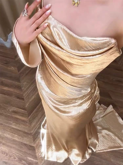 Chic Champagne Gold Satin Pleated Mermaid Long Party Dress Formal Wedding Guest Dress SP1090