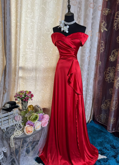 Fashion Red Off The Shoulder Satin Mermaid Long Party Dress Formal Wedding Guest Dress SP1885