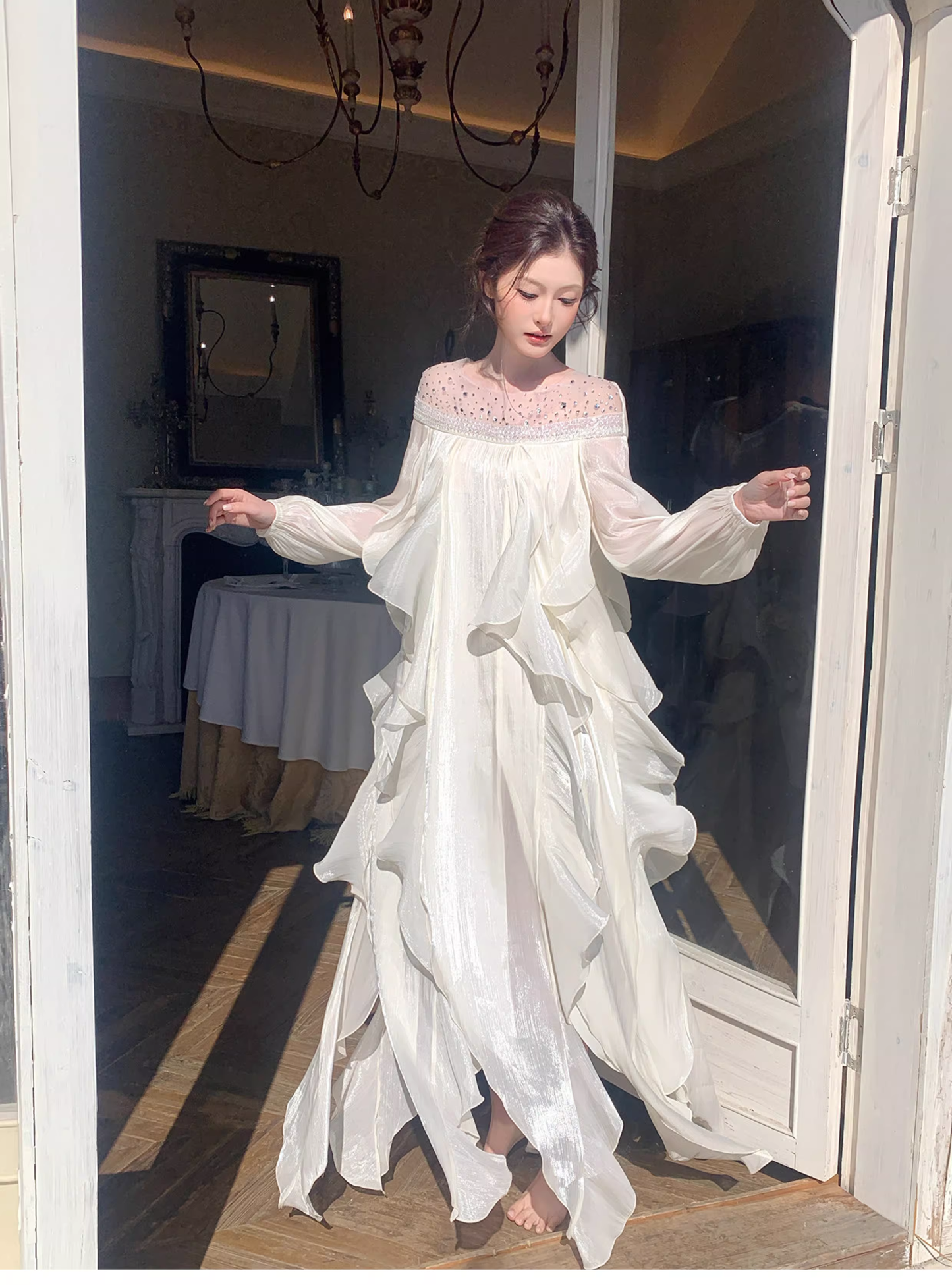 Shiny White Tulle Beaded Ruffles Long Evening Dress Birthday Outfits SP1650