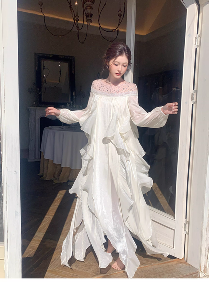 Shiny White Tulle Beaded Ruffles Long Evening Dress Birthday Outfits SP1650