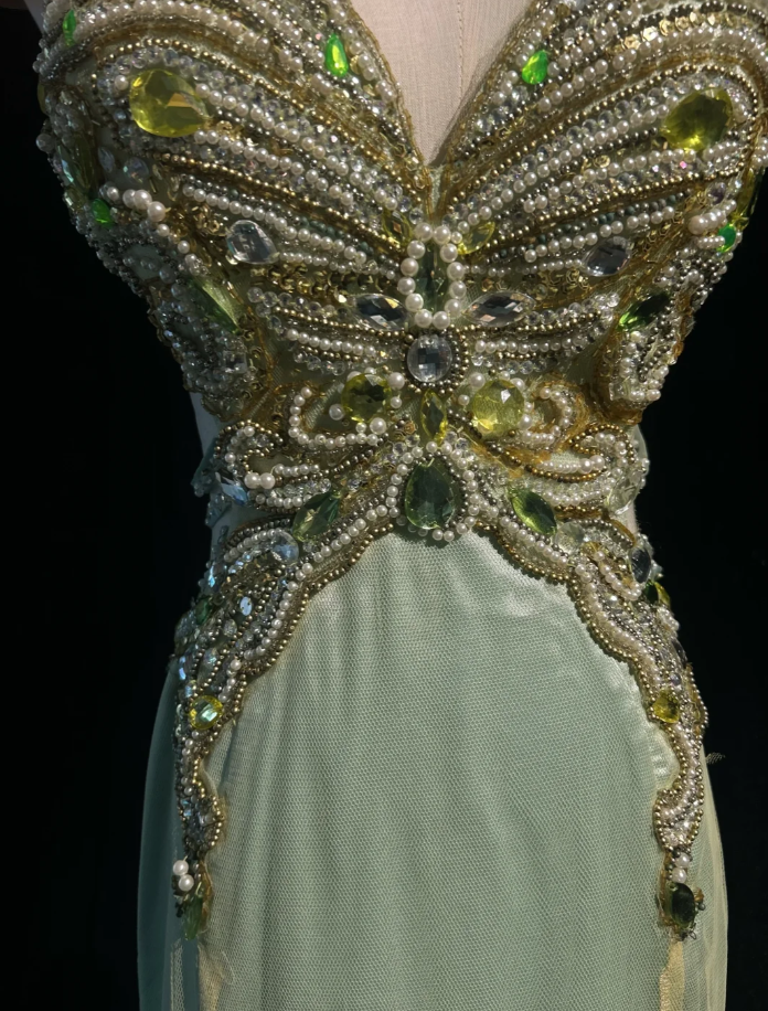 Pretty Sage Green Halter Satin Tulle Butterfly Beaded Mermaid Evening Dress Long Party Gown SP1864