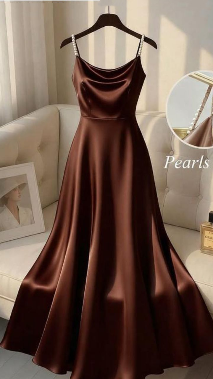 Elegant Brown Spaghetti Strap Satin A Line Long Party Dress Formal Wedding Guest Dress SP1543
