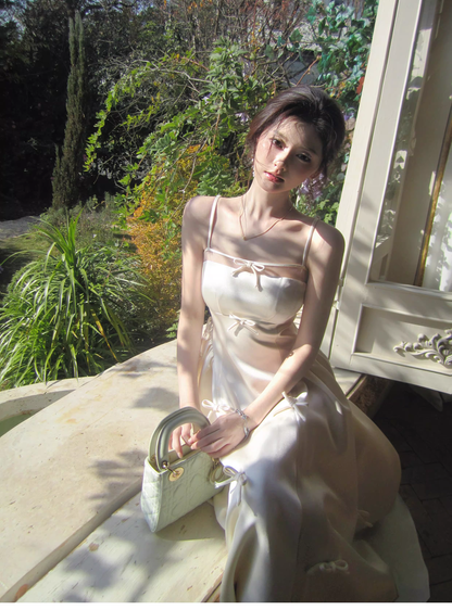 Elegant White Spaghetti Straps Satin A Line Long Evening Dress Birthday Prom Dress With Bow SP1539
