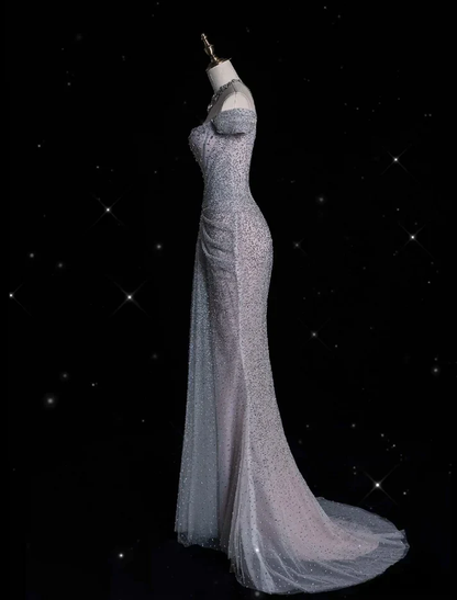 Glitter Gray Off The Shoulder Tulle Sequin Beaded Mermaid Long Evening Dress Party Gown SP1555