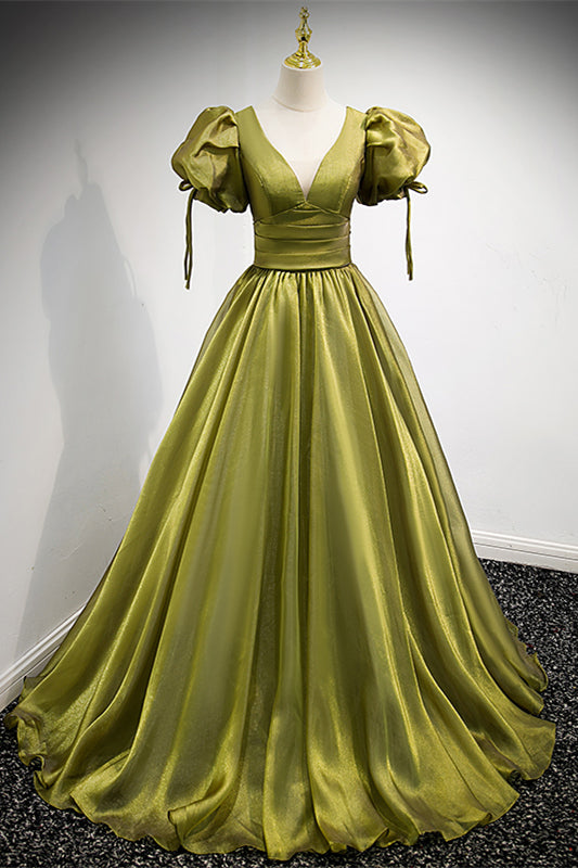 V-Neck Short Sleeves Satin A-Line Empire Party Prom Dress