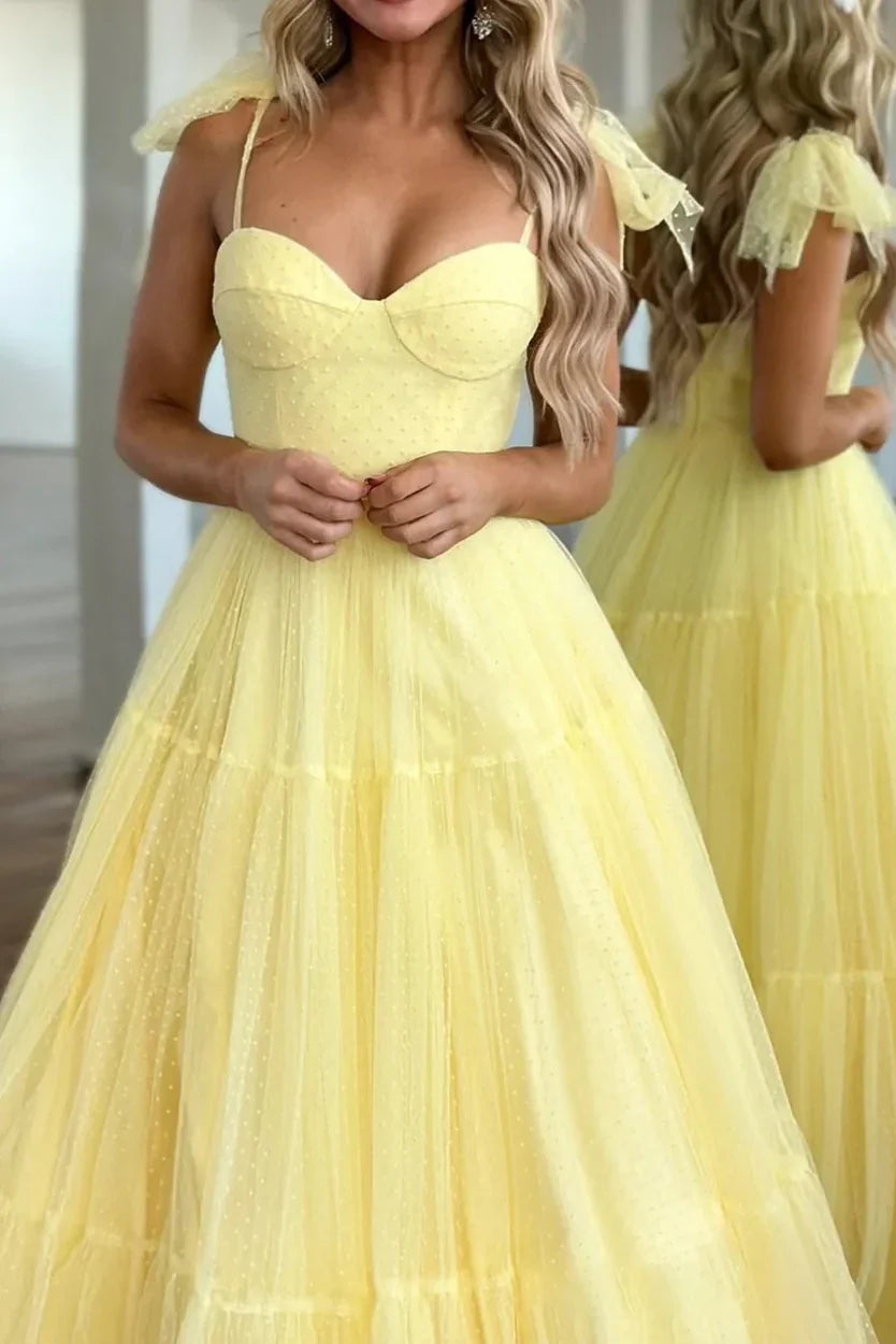 Yellow Tulle A-Line Sleeveless Party Prom Dress