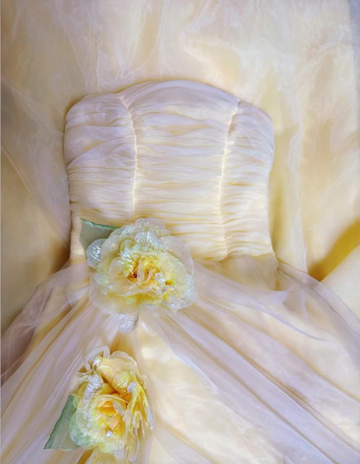 Sweet Strapless Ball Gown Yellow Organza Pleated Birthday Quinceanera Dress With 3D Flowers SP1891