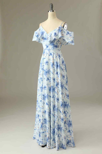 Blue Floral Prints A-line V Neck Flaunt Sleeves Chiffon Long Bridesmaid Dress