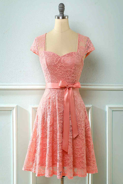 A-line Cap Sleeves Lace Sash Mini Bridesmaid Dress