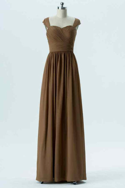 A-line Cap Sleeves Pleated Keyhole Chiffon Long Bridesmaid Dress